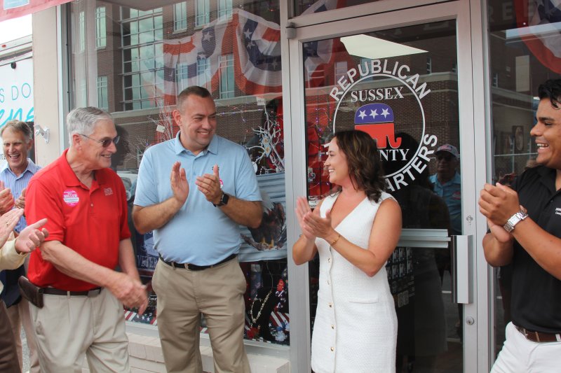 Republican candidate Nikki Miller was greeted by more than 50 supporters during her official announcement to run for the RD 20 special election. Congratulating her July 2 are Rep. Charles Postles, R-Milford, and Sen. Brian Pettyjohn, R-Georgetown, middle.